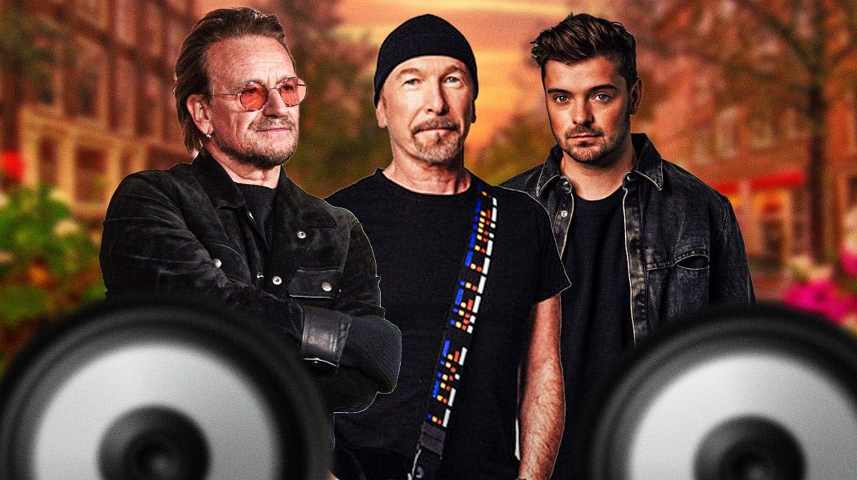U2 members Bono and The Edge with Martin Garrix with Netherlands background.