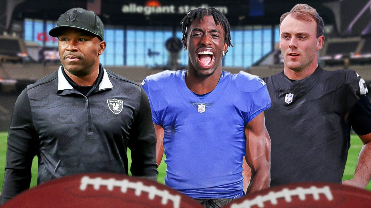 Champ Kelly on one side, Terrion Arnold (in a Detroit Lions uniform) and Brock Bowers (in a Las Vegas Raiders uniform) with the big eyes emoji over their faces
