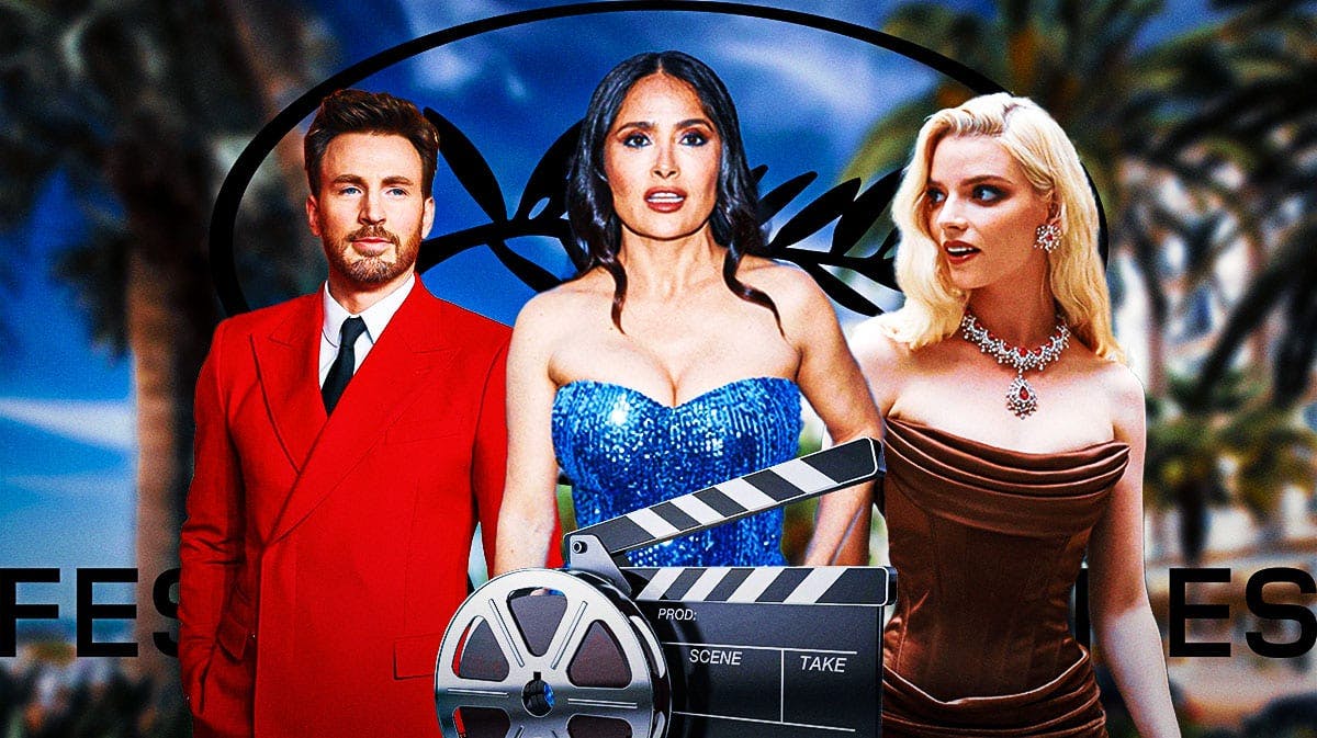 Chris Evans, Salma Hayek, and Anya Taylor-Joy with Cannes Film Festival background and logo.