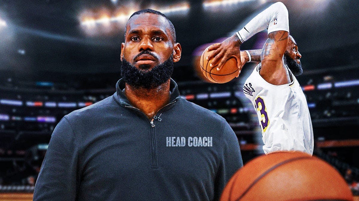 On left, LeBron James wearing a shirt that says: HEAD COACH On right, LeBron James in a Lakers uniform dunking a basketball.