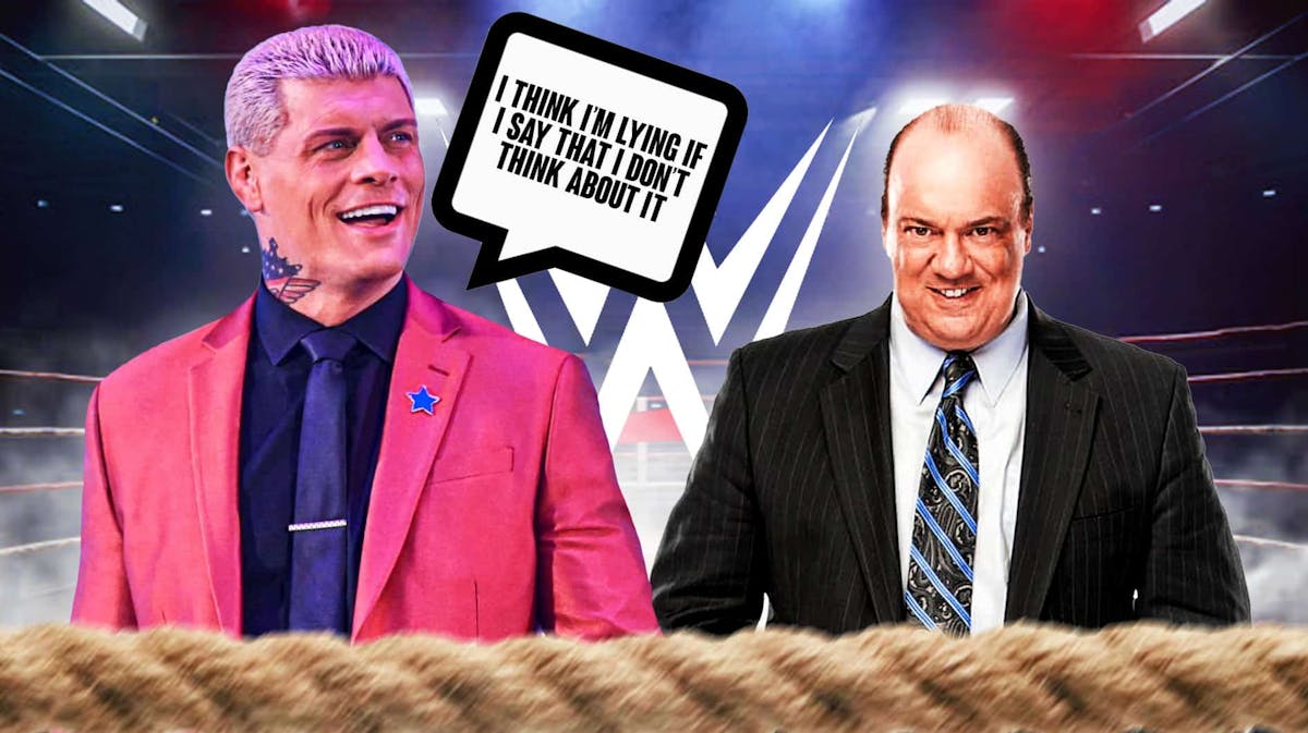 Cody Rhodes with a text bubble reading "I think I’m lying if I say that I don’t think about it" next to Paul Heyman with the WWE logo as the background.