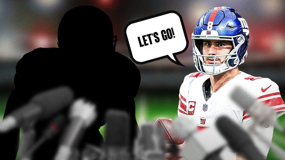 Daniel Jones with a speech bubble that says "Let's go!", a silhouette of a football wide reciever on the other side