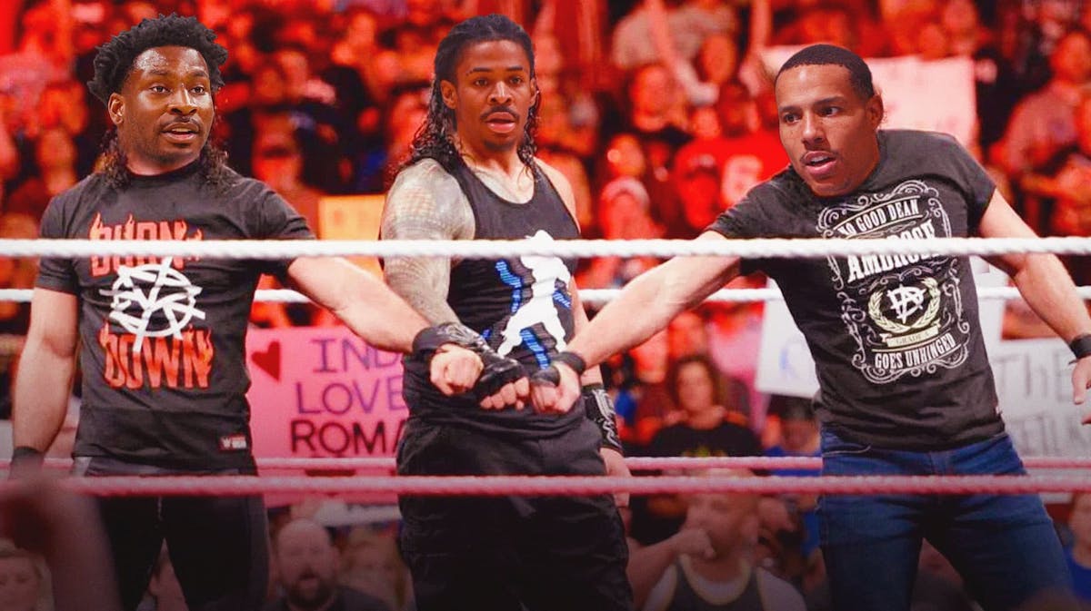 Grizzlies' Ja Morant as Roman Reigns, Jaren Jackson Jr. as Seth Rollins, and Desmond Bane as Dean Ambrose doing The Shield's iconic fist bump