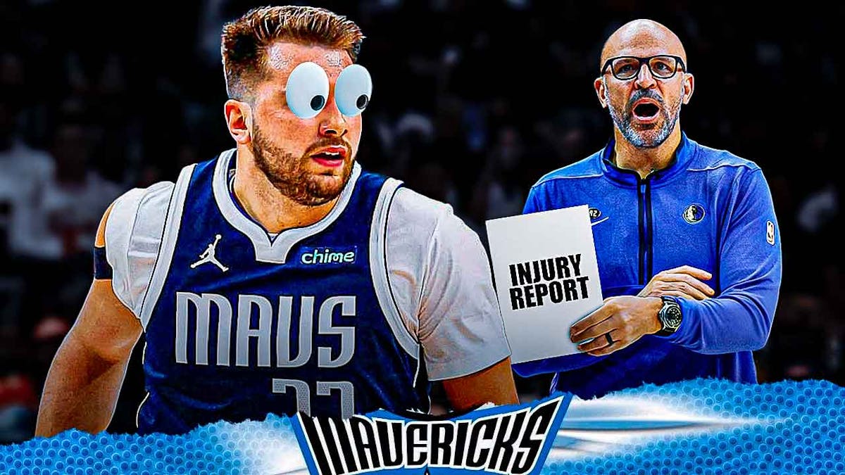 Mavericks' Luka Doncic with eyes popping out looking at Mavericks' Jason Kidd holding a piece of paper. On the paper, write the following: INJURY REPORT