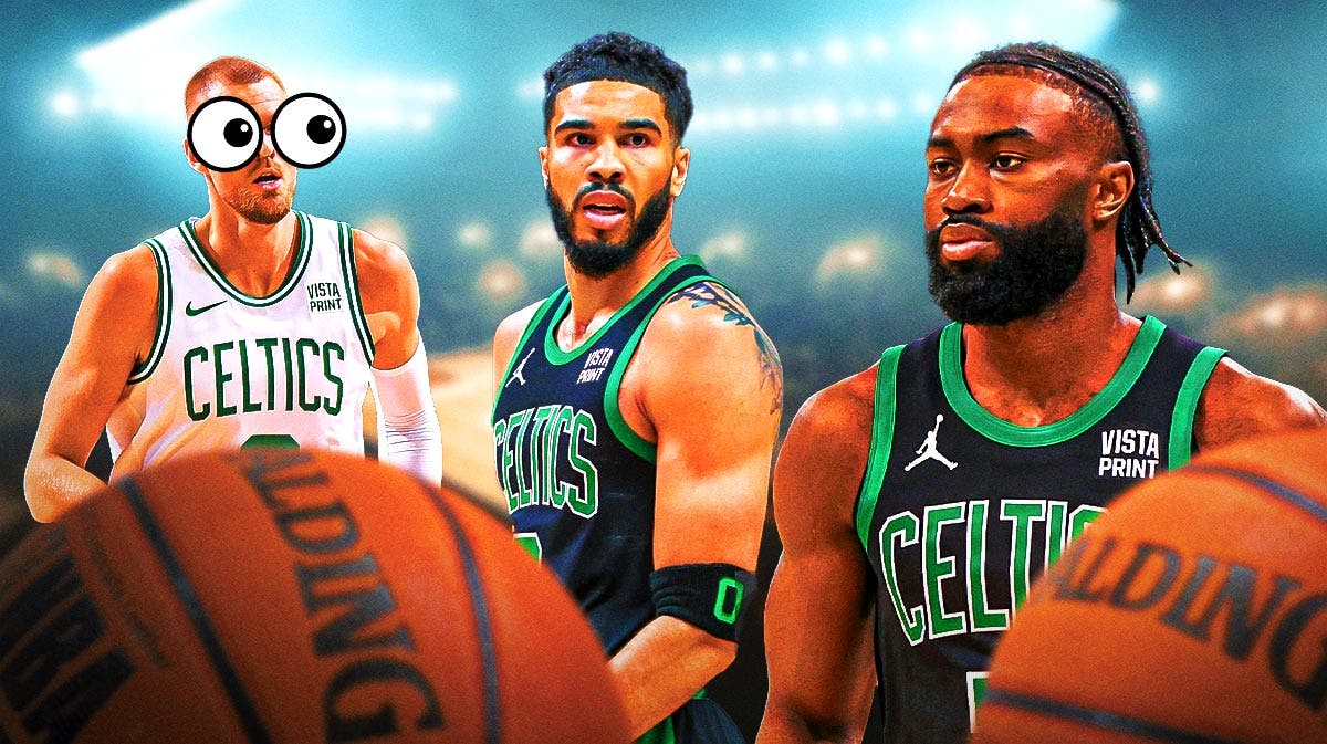 Jaylen Brown and Jayson Tatum on one side, Kristaps Porzingis on the other side with the big eyes emoji over his face
