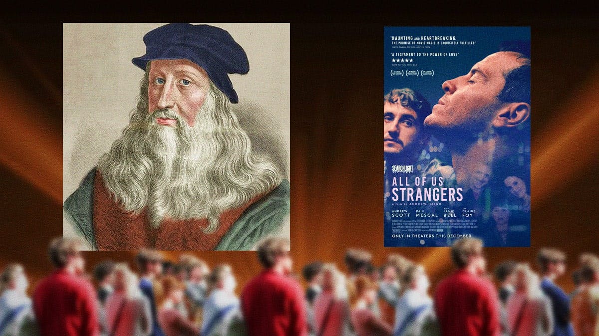 Leonardo da Vinci alongside the movie poster for All of Us Strangers