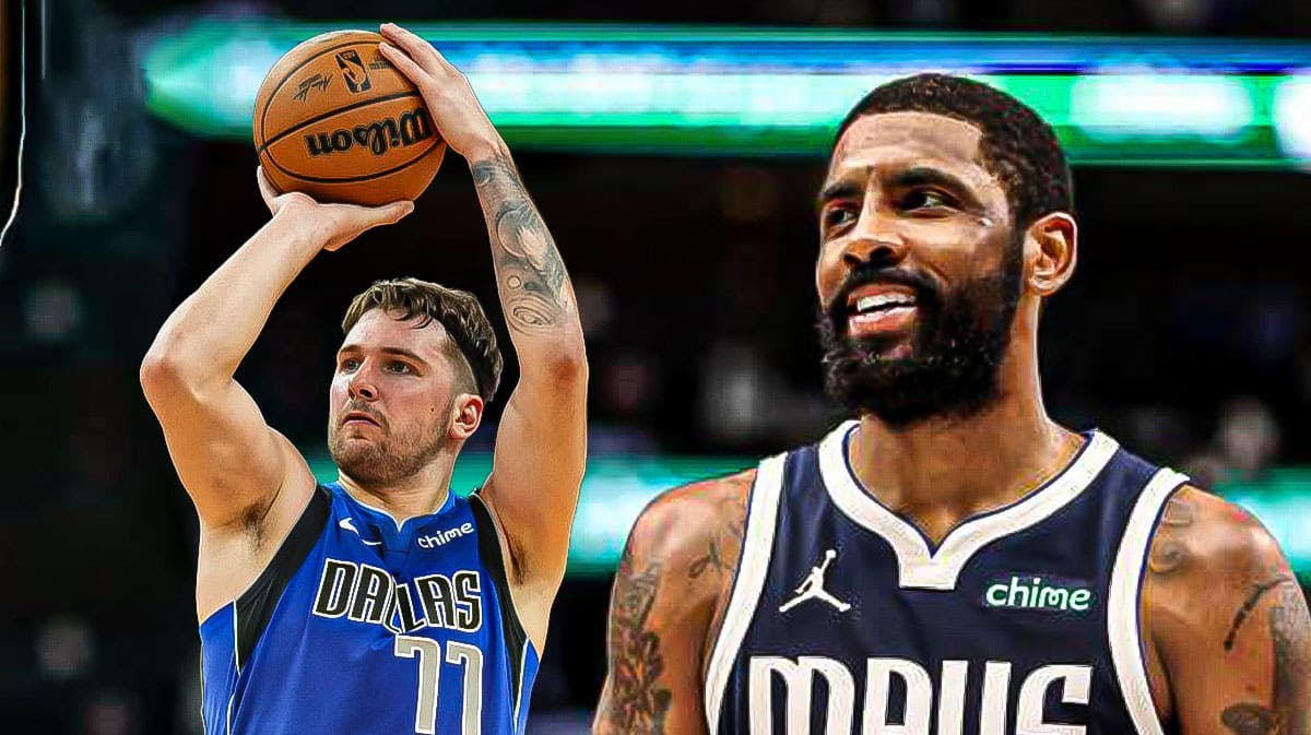 Kyrie Irving smiling on left. Luka Doncic shooting a basketball on right.