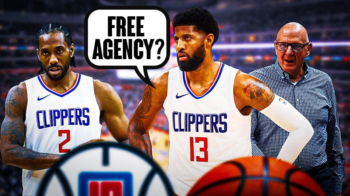 Clippers' Paul George saying "free agency?" next to Steve Ballmer and Kawhi Leonard