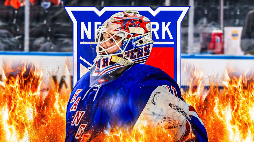 Igor Shesterkin in middle of image looking happy with fire around him, New York Rangers logo, hockey rink in background