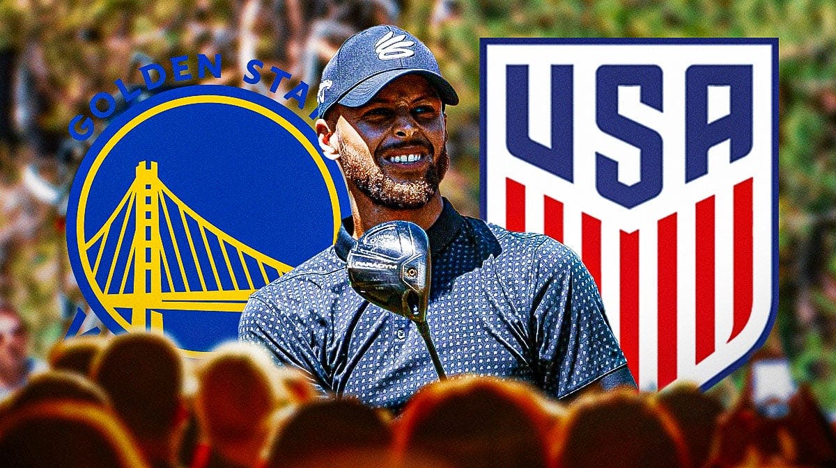 Warriors' Stephen Curry looks at ACC Tahoe golf crowd with Team USA logo beside him