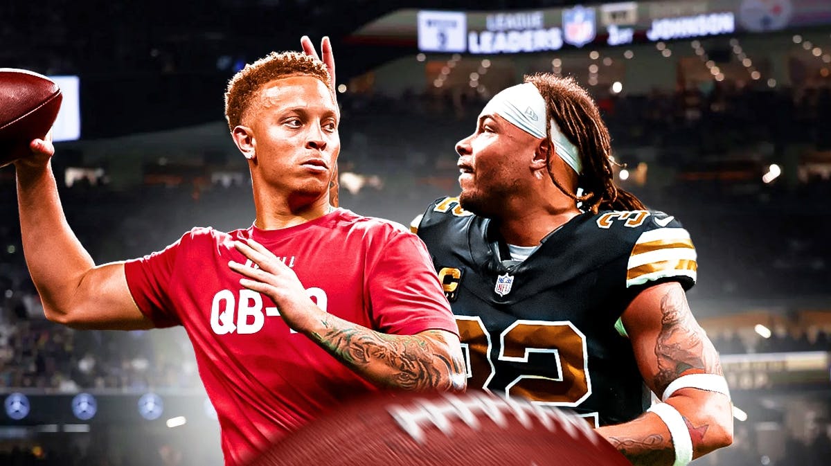 New Orleans Saints stars Tyrann Mathieu and Spencer Rattler in front of Caesars Superdome.