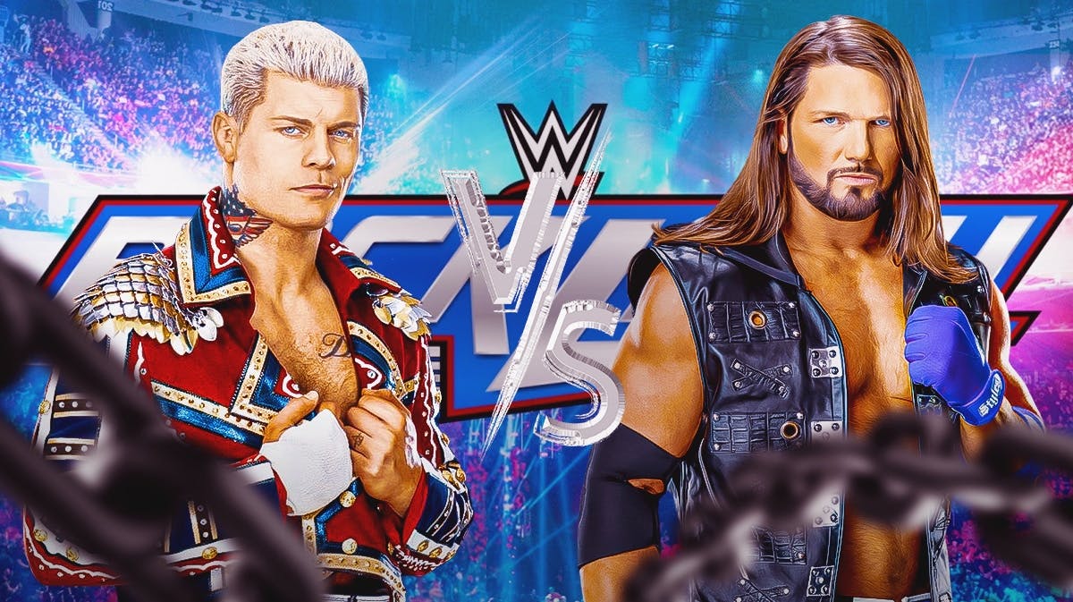 Cody Rhodes on the left, AJ Styles on the right with a Vs. symbol between them with the WWE backlash logo as the background.