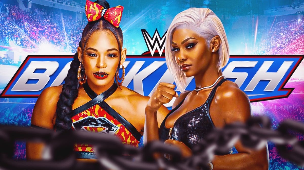 Jade Cargill and Bianca Belair with the WWE backlash logo as the background.