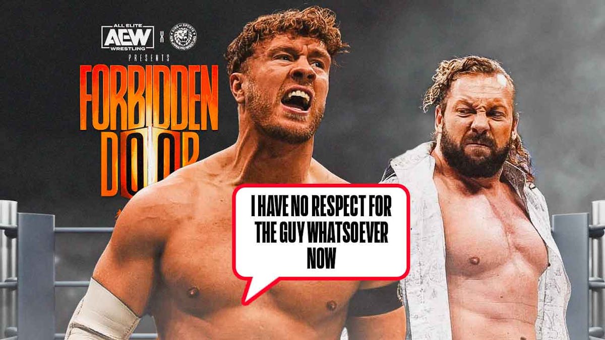 Will Ospreay with a text bubble reading "I have no respect for the guy whatsoever now" next to Kenny Omega with the AEW Forbidden Door logo as the background.
