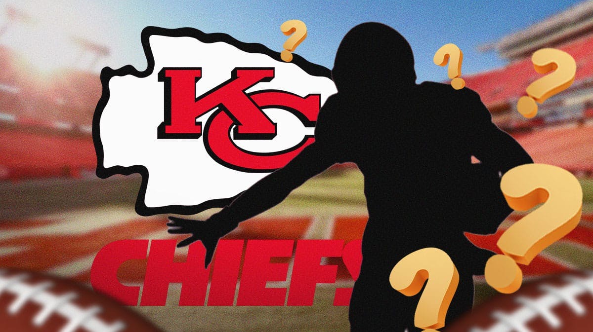 A silhouetted Kansas City Chiefs player in middle, 3-5 question marks, Kansas City Chiefs logo, football field in background