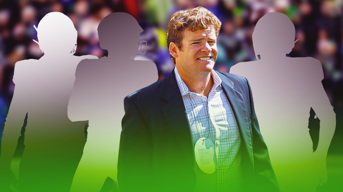 John Schneider in the middle, 3 mystery players around him, Seattle Seahawks wallpaper in the background