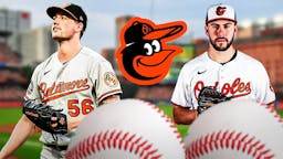 Kyle Bradish and Grayson Rodriguez next to an Orioles logo at Camden Yards