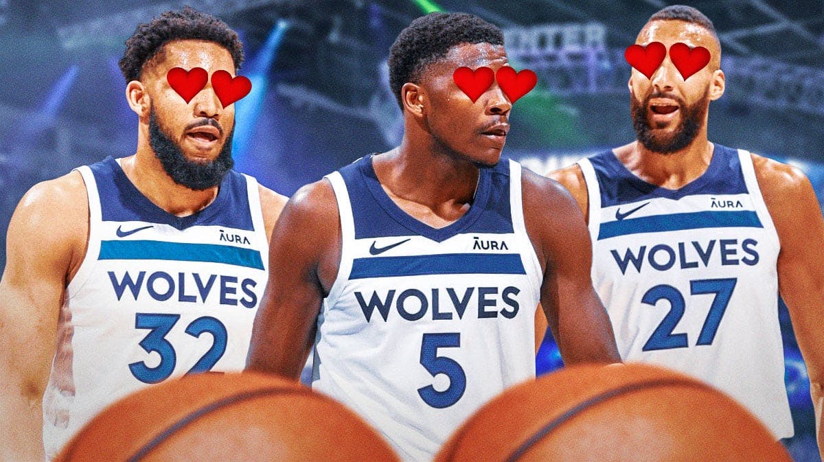 Timberwolves' Anthony Edwards, Rudy Gobert, Karl-Anthony Towns with heart eyes
