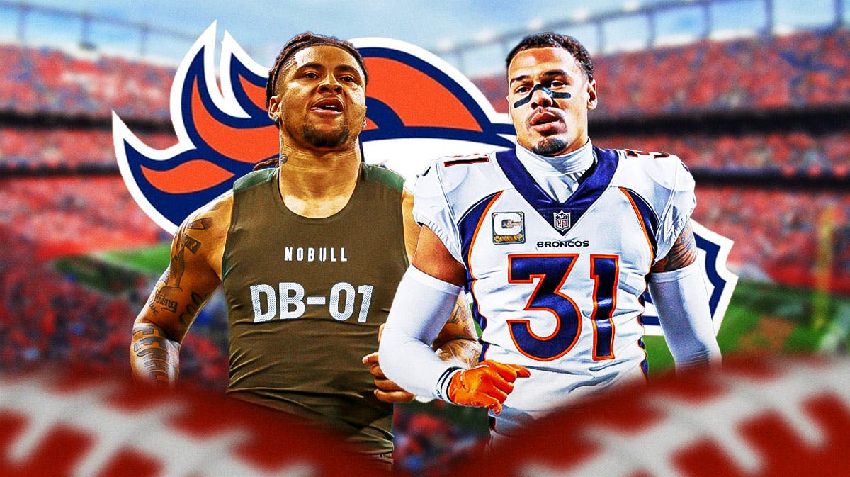 Former Denver Broncos safety Justin Simmons with Broncos rookie cornerback Kris Abrams-Draine. They are next to a logo for the Denver Broncos.