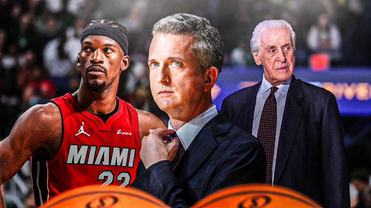 MIami Heat star Jimmy Butler, president Pat Riley, and Bill Simmons in front of the Kaseya Center.