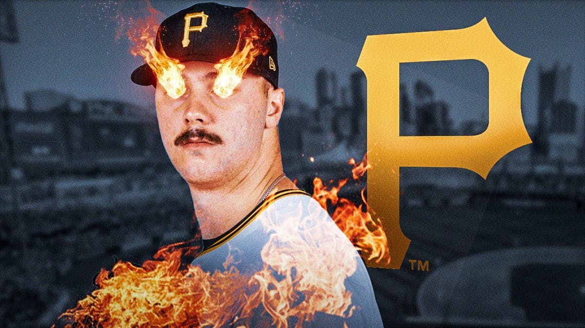 Pirates Paul Skenes with fire in his eyes and surrounded by fire
