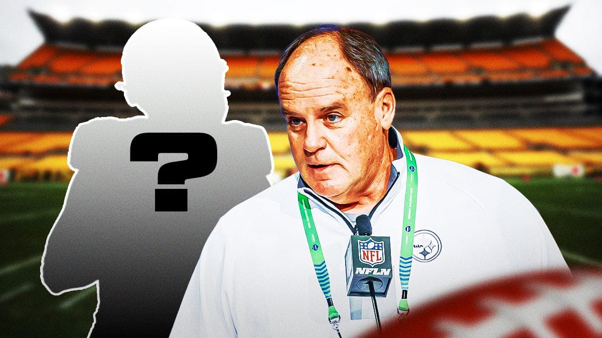 Former Pittsburgh Steelers general manager Kevin Colbert next to a silhouette of an American football player with a big question mark in the middle.