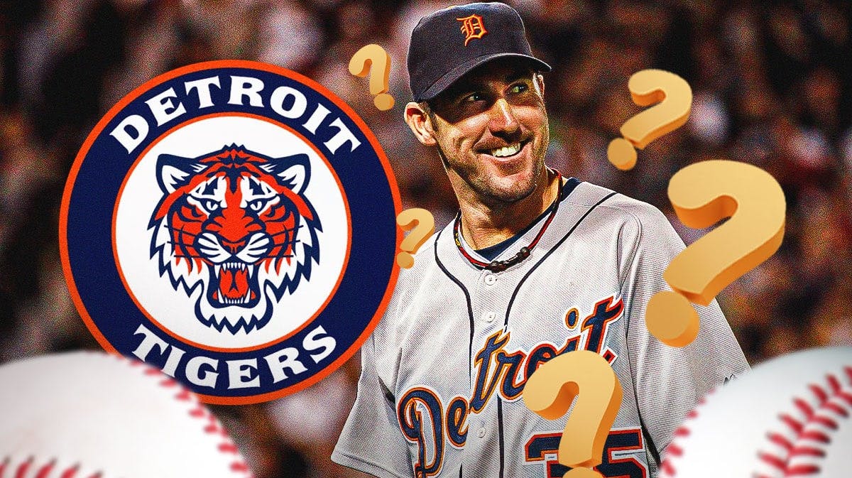 Detroit Tigers logo next to Justin Verlander. Verlander surrounded by question marks.