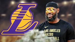 Lakers' LeBron James with dollar signs in his eyes on left. Lakers' logo on right.