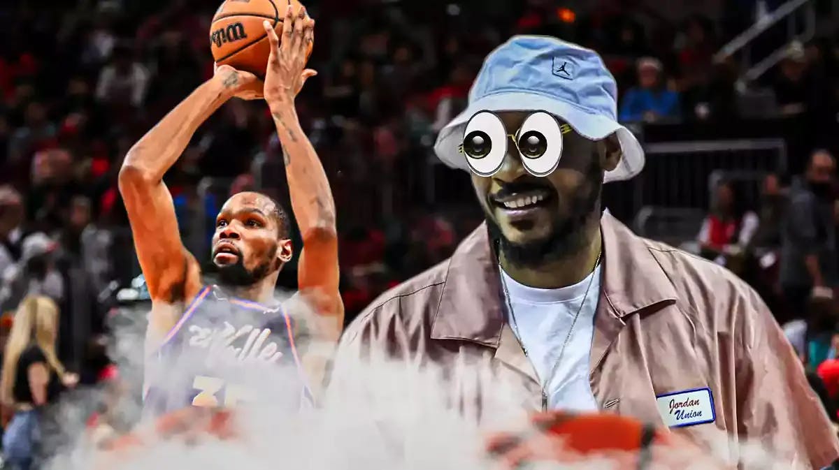 Photo: Kevin Durant shooting in Suns jersey, Carmelo Anthony beside him with peeping eyes looking at KD