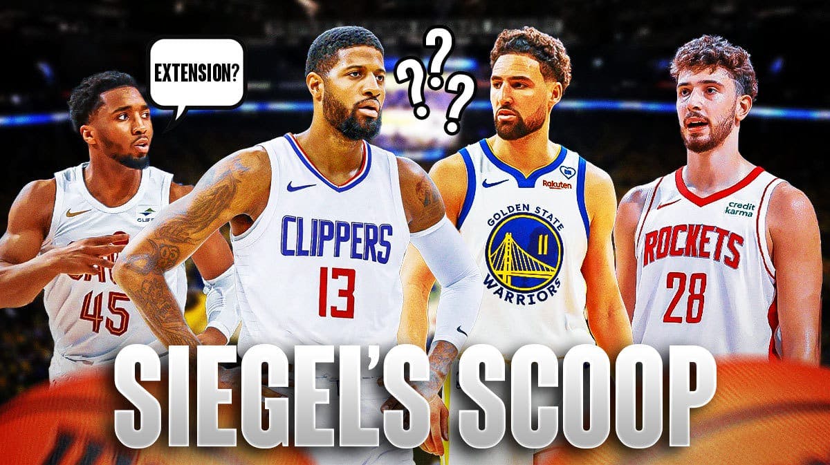 Paul George and Klay Thompson with question marks. Donovan Mitchell and Alperen Sengun next to them.