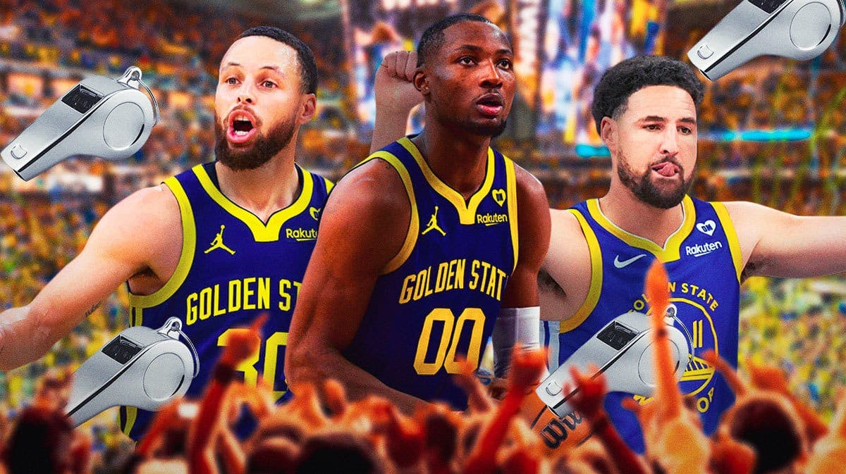 Warriors' Stephen Curry, Jonathan Kuminga, and Klay Thompson all hyped up, with whistles falling from the sky