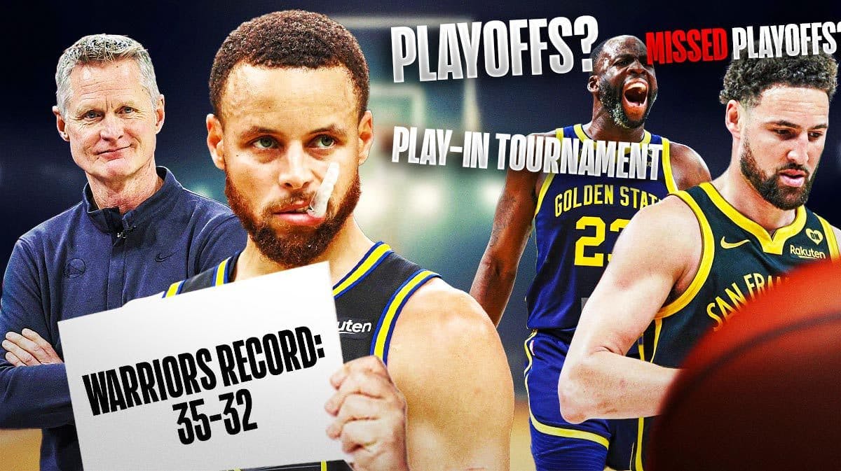 Warriors' Stephen Curry holding a "Warriors record: 35-32" sign next to Steve Kerr, Klay Thompson and Draymond Green. Signs for "Playoffs?" "Missed Playoffs" and "Play-In Tournament" next to them