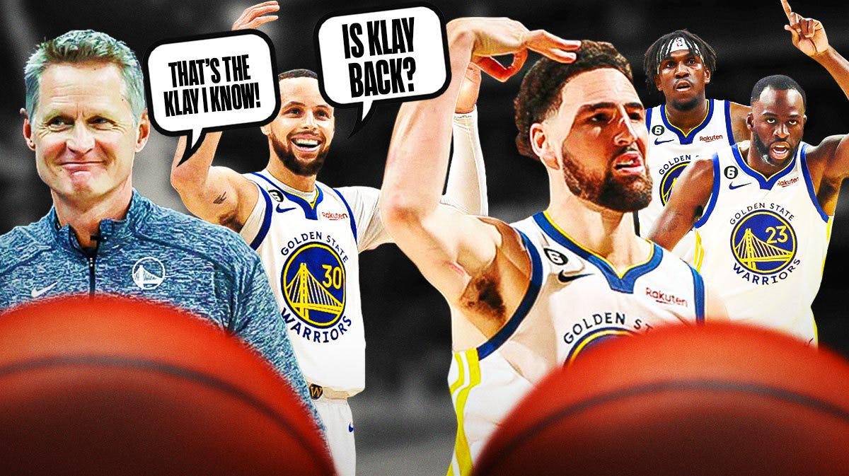 Warriors' Steve Kerr saying "That's the Klay I know" and Stephen Curry saying "Is Klay Back?" to Klay Thompson