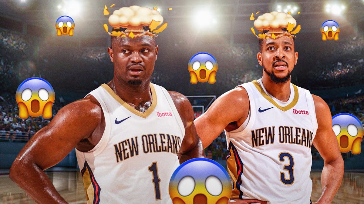 Zion Williamson and CJ McCollum with mind-blown heads. Scared emojis in the background