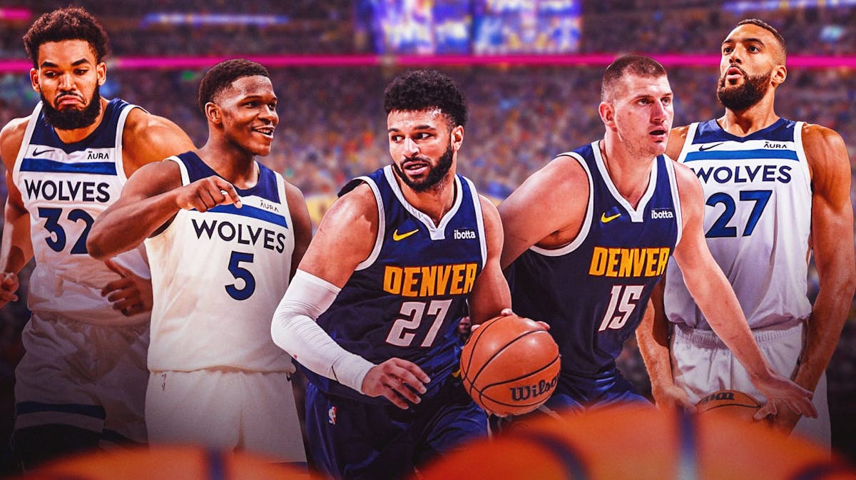 Nuggets' Nikola Jokic and Jamal Murray being surrounded by Timberwolves' Anthony Edwards, Karl-Anthony Towns, and Rudy Gobert.
