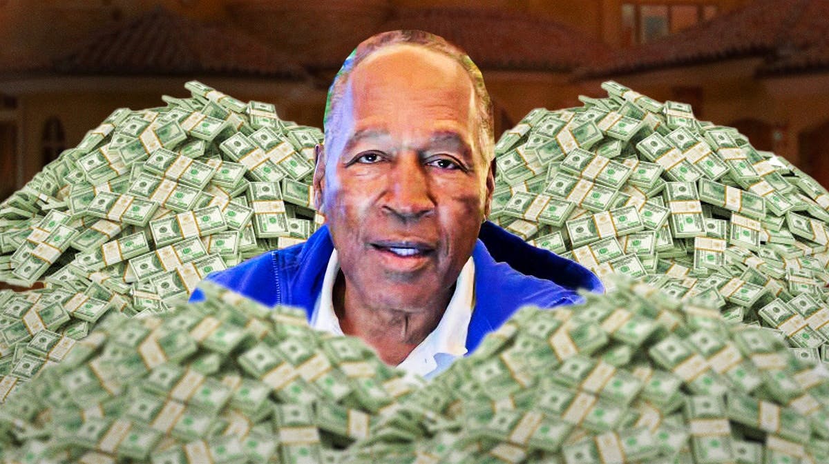 OJ Simpson surrounded by piles of cash.