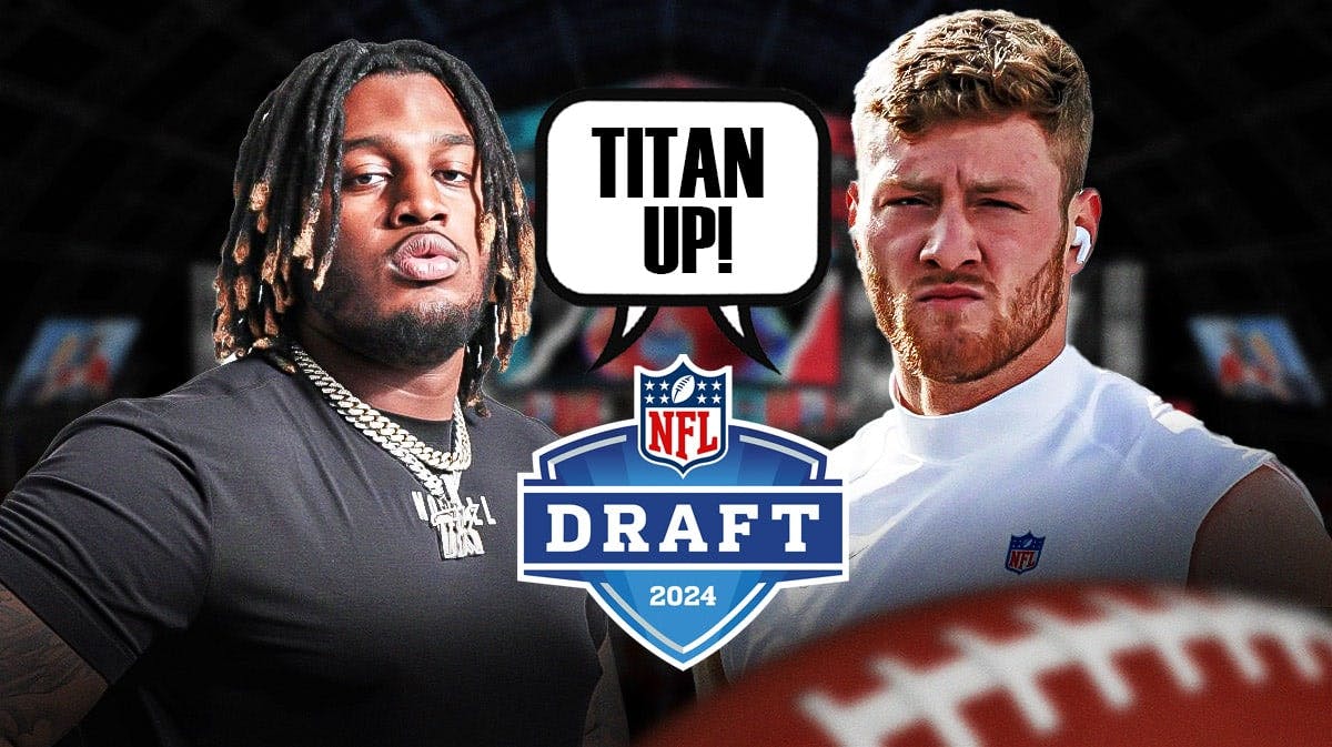 Tennessee Titans offensive tackle JC Latham and quarterback Will Levis. They have a joint speech bubble that says “Titan up!” They are next to a logo for the 2024 NFL Draft.