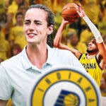 Indiana Fever star Caitlin Clark in front of Pacers star Tyrese Haliburton