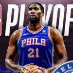 76ers' Joel Embiid in front of the NBA playoffs logo