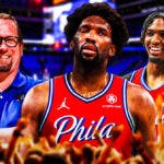 76ers' Joel Embiid with Nick Nurse and Tyrese Maxey