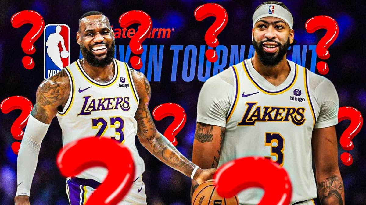 Lakers' LeBron James and Anthony Davis smiling, with the play-in tournament logo beside them, question marks all over
