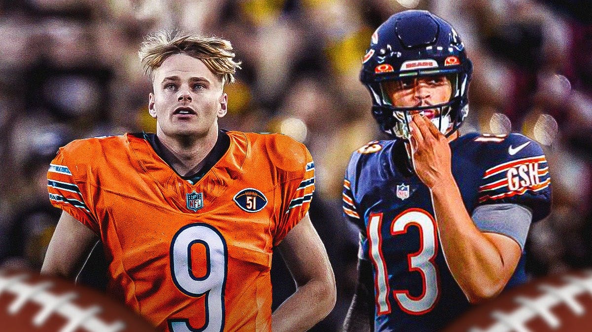 Caleb Williams and Tory Taylor in Chicago Bears uniforms with a bunch of crying laughing emojis in the background