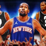 3 images of Kevin Durant - one in the middle in a Knicks jersey and the other 2 with blank white jerseys with question marks on them representing teams a trade might happen to.