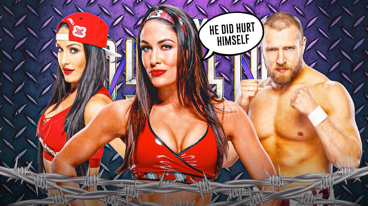 Brie Bella with a text bubble reading "He did hurt himself" with Nikki Bella on her left and Bryan Danielson on her right with the AEW Dynasty logo as the background.