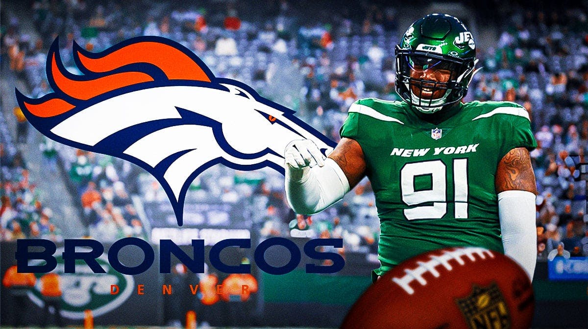 Jets DE John Franklin-Myers stands next to Broncos logo reacting to trade, NFL Draft signs in background