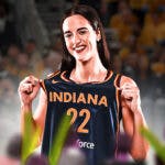 Indiana Fever player Caitlin Clark, on a basketball court in front of a cheering crowd