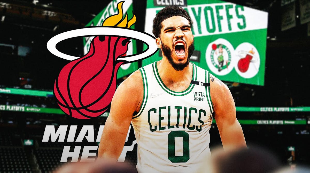 Heat, Celtics, Jayson Tatum, Celtics Heat, NBA Playoffs, Jayson Tatum and Heat logo with Celtics arena in the background