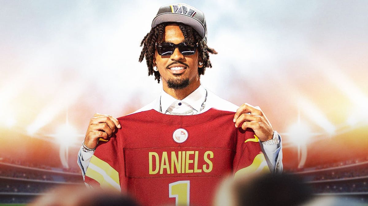 Ex-LSU football QB Jayden Daniels stands with Commanders jersey at NFL Draft, promise note hangs in background
