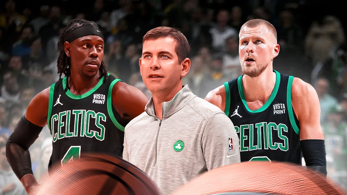 Celtics' Brad Stevens, Kristaps Porzingis, Jrue Holiday