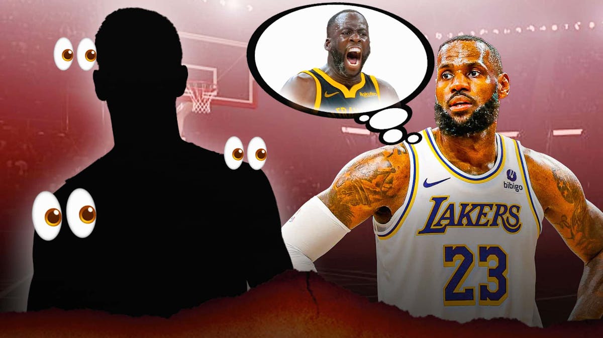 Lakers' LeBron James with a thought bubble containing a hyped up Draymond Green, with a silhouette of Pacers' TJ McConnell beside James. Plenty of eyes emojis around McConnell